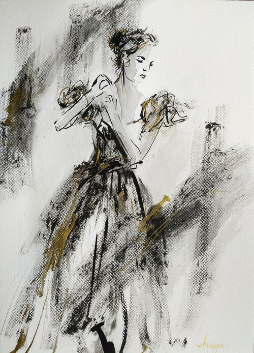 Ballerina ink drawing series-Figurative drawing on paper by Antigoni Tziora