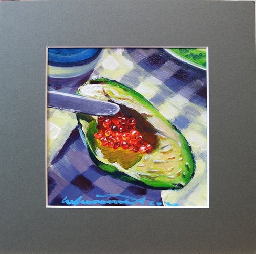 'AVOCADO WITH CAVIAR' - Small Painting under Mat in Acrylics by Ion Sheremet