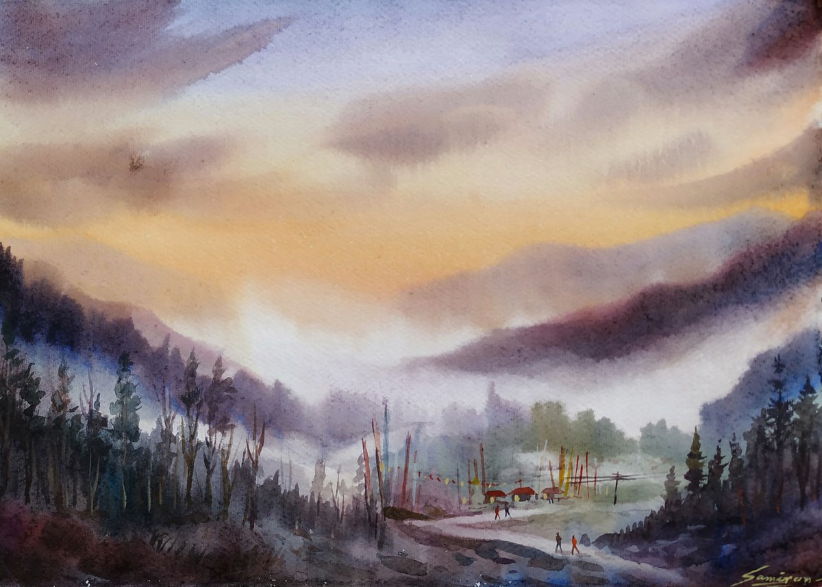 Impressionistic Landscape Watercolour By Samiran Sarkar, 15 X 12", Cloudy Himalayan Sunset Vi, Original Artwork