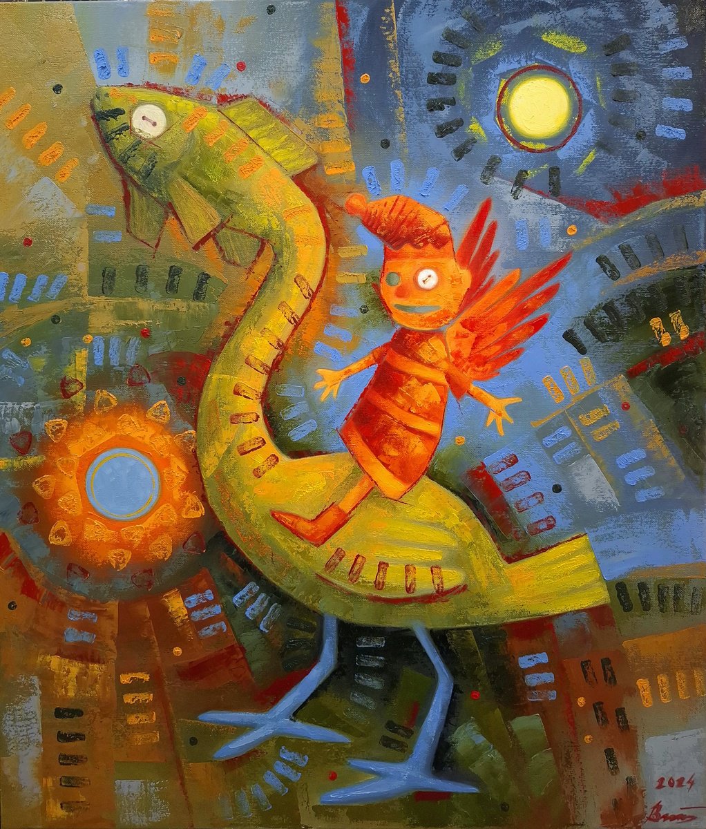 Surrealistic Portrait Oil Painting By Serhii Voichenko, 24 X 27", King Button Goes For A Walk, Original Artwork