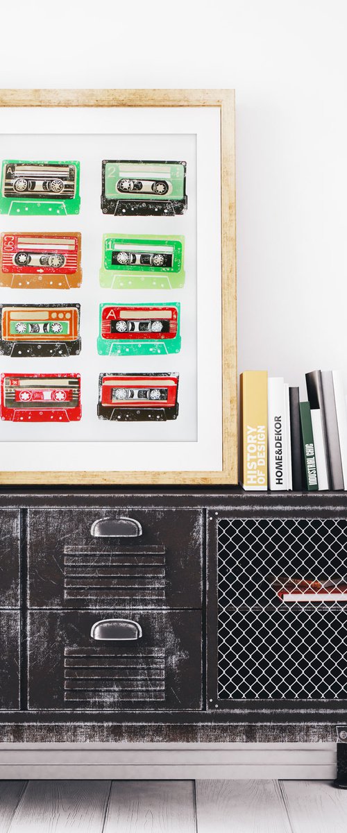 Linocut tapes #17 (cassette tapes, retro music, 70's, 80's rock culture) by Carolynne Coulson