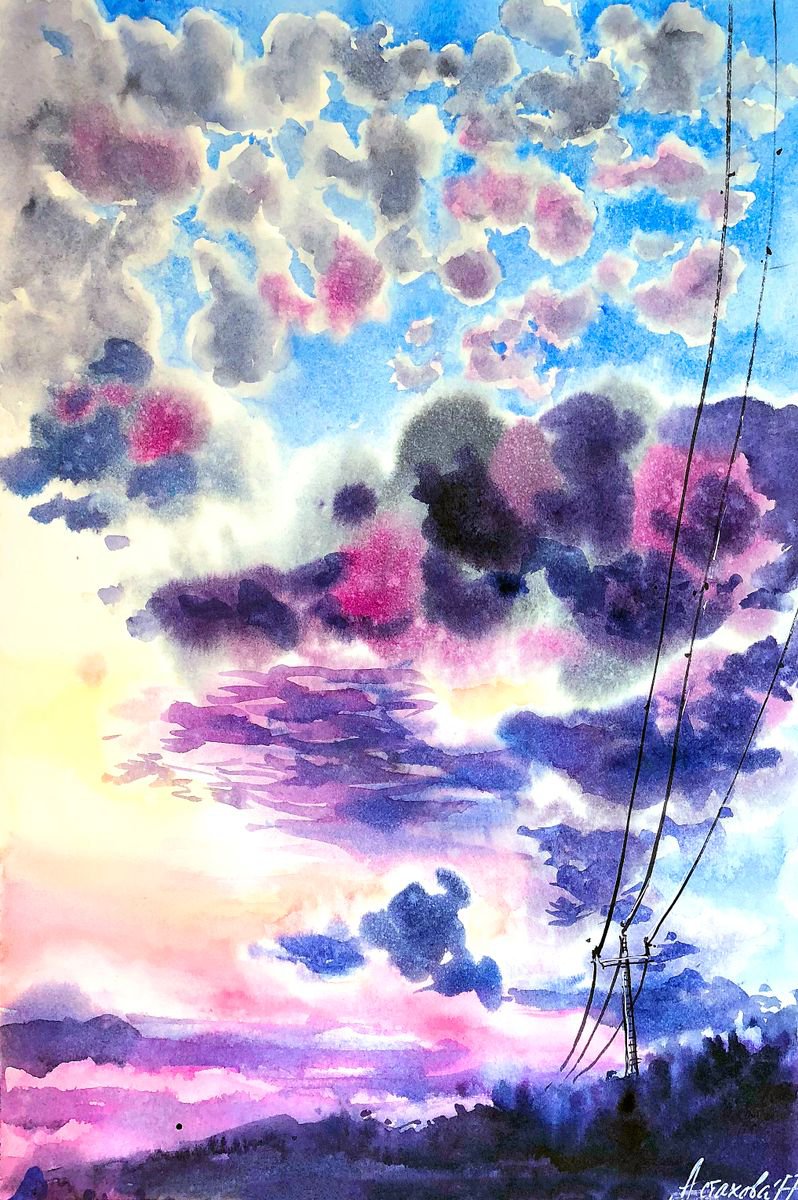 Impressionistic Landscape Watercolour By Ksenia Astakhova, 12 X 18", Afterglow, Original Artwork