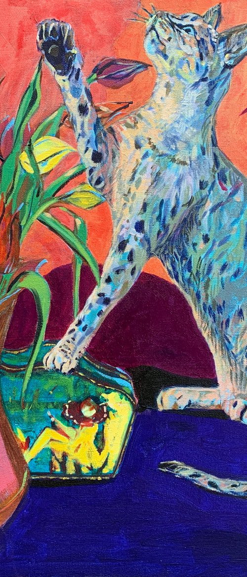 “Bengal Cat with a vase of Tulips” by Hanna Bell