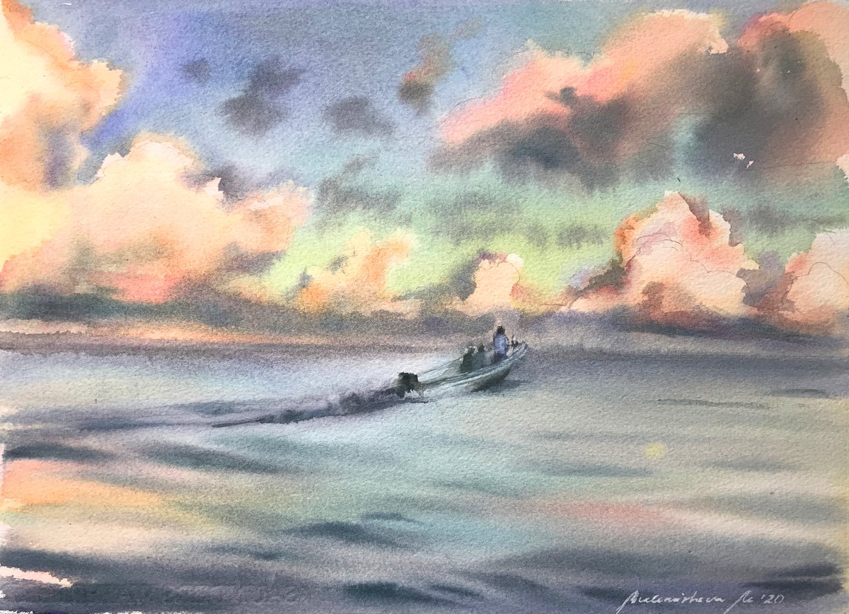 Sunset in Punta Cana. Seascape watercolor painting. by Maria Beklemisheva
