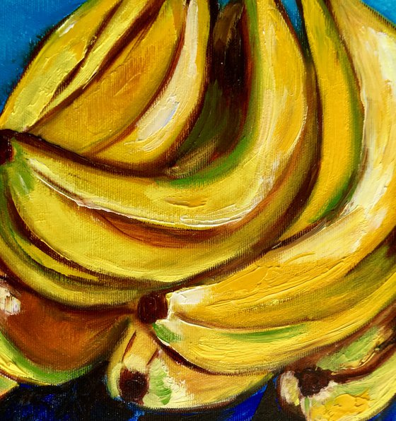 Bananas on  turquoise  Still life. Palette knife painting on linen canvas