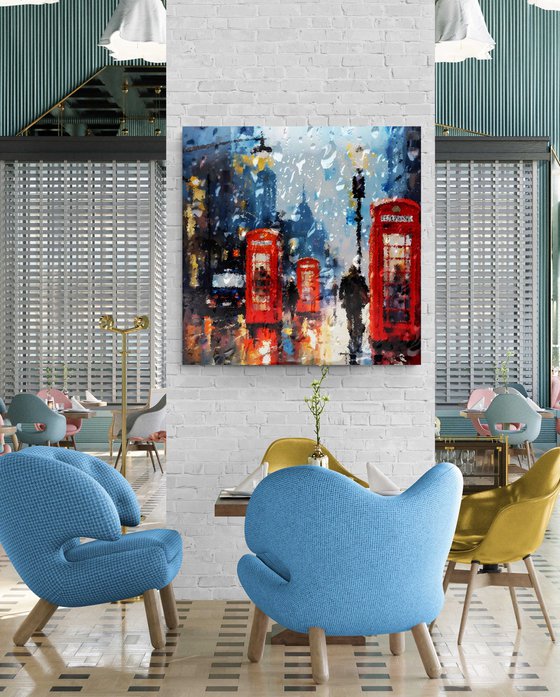 Rainy evening in London. Urban cityscene impressionistic landscape art. Large wall home decor. Art Gift