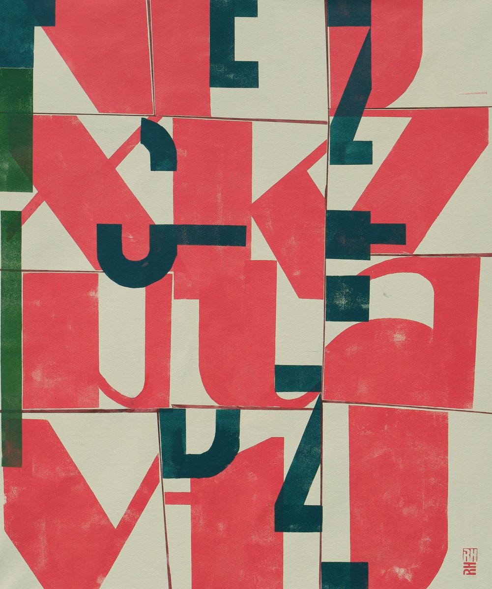 Abstract Acrylic Painting By Ronald Hunter, 35 X 43", Typopop In Red, Original Artwork