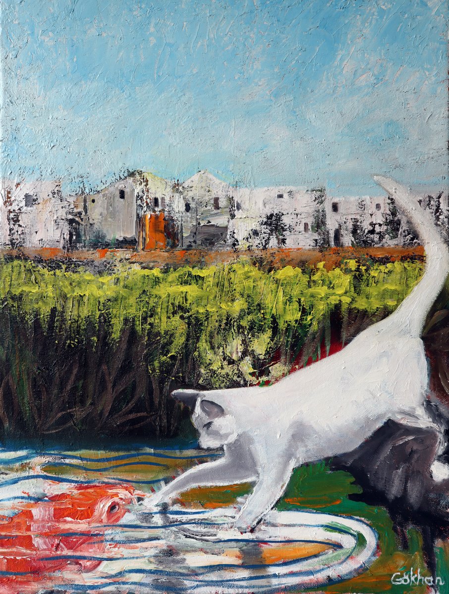 Expressive Animal Oil Painting By Gokhan Alpgiray, 20 X 28, Impossible Relationship, Original Artwork