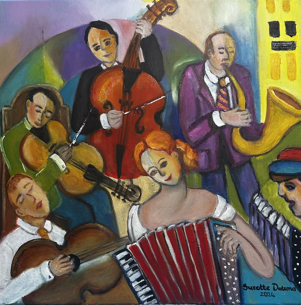 Naive Portrait Painting By Suzette Datema, 16 X 16", Make A Joyful Noise, Original Artwork