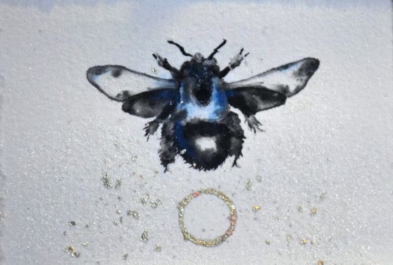 Blue Bee / Orchard Bee / Tiny Ink Painting with Gilding and Metallic Pigment