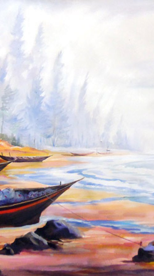 Fishing Boats at Seashore-Acrylic on canvas by Samiran Sarkar