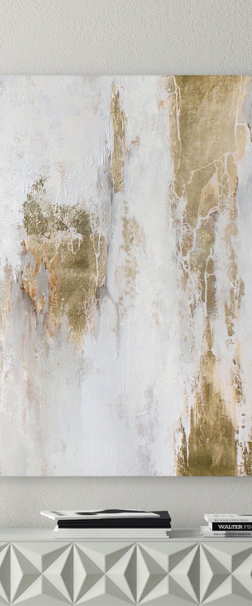 "Cascade 7" Gold white abstract painting art by Yana Sagan