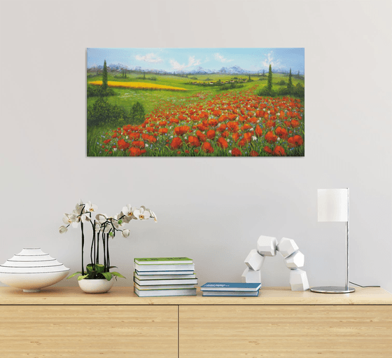 Poppy field on the Tuscan countryside