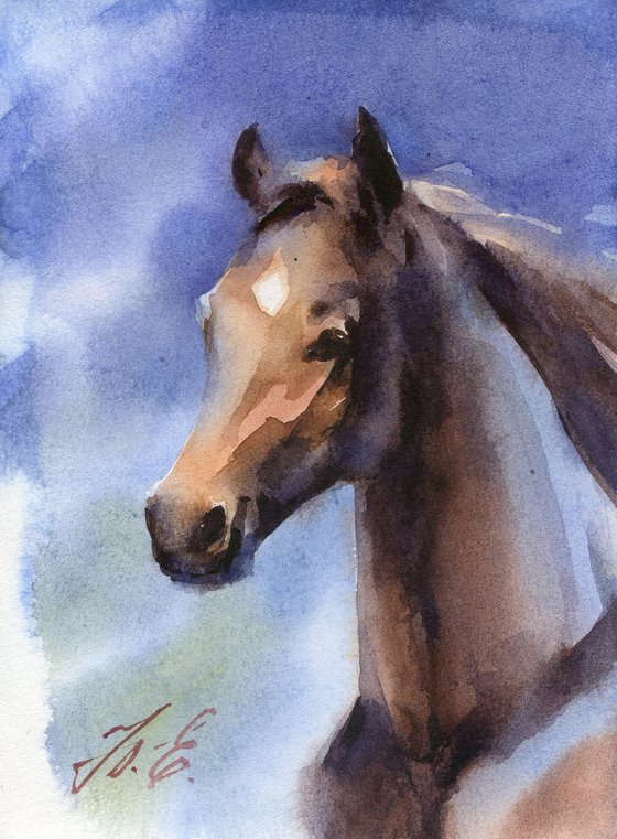 Small portrait of a brown horse in watercolor