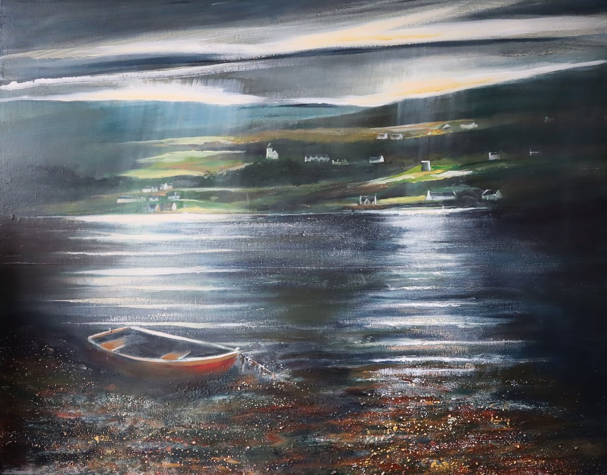 Impressionistic Landscape Acrylic Painting By Ian Macphie, 39 X 31, Sunrise Over Cuil, Original Artwork