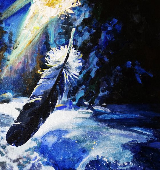 Falling Feather In Winter Forest