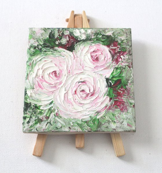 Roses - Pinkish white roses - Palette knife - textured oil painting on mini canvas and easel - gift art