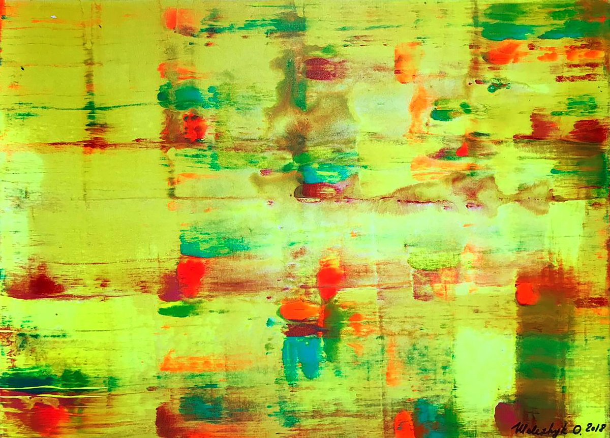 Impressionistic Abstract Acrylic Painting By Olga Melezhik, 28 X 20", What Color Is Yellow, Original Artwork