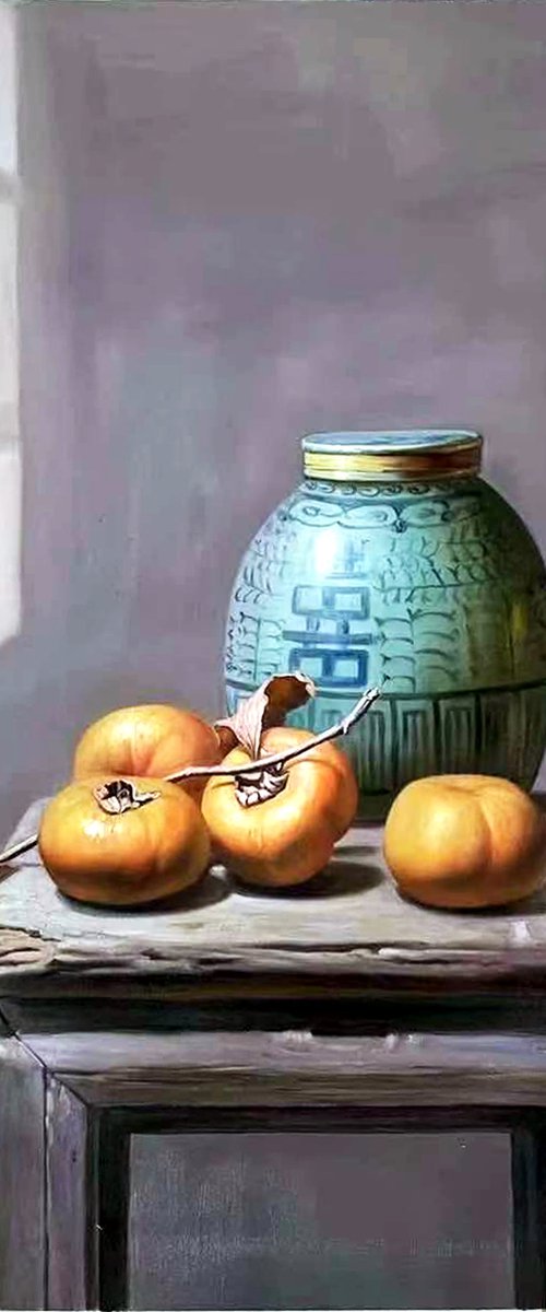 Still life:Persimmon beside Chinese China by Kunlong Wang