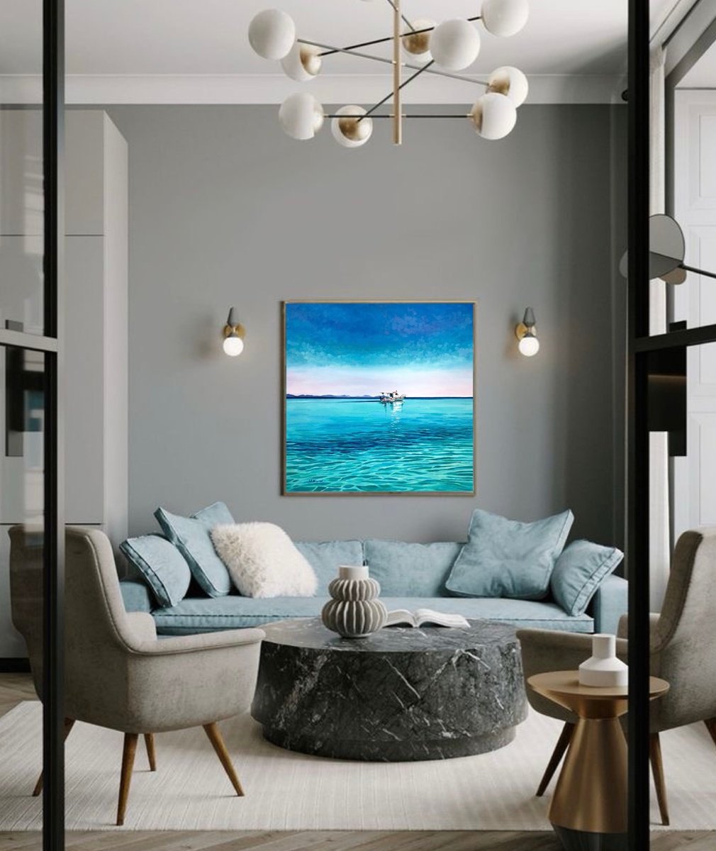 Photorealistic Landscape Oil Painting By Ulyana Korol, 31 X 31", Ultramarine Sky, Original Artwork