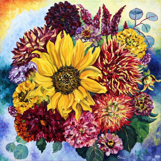 Sunflower with Yellow & Mauve Zinnias