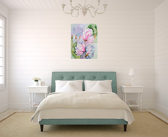 Magnolia blossoming pink magnolis flowers original watercolor painting magnolia branch" Spring beauty"