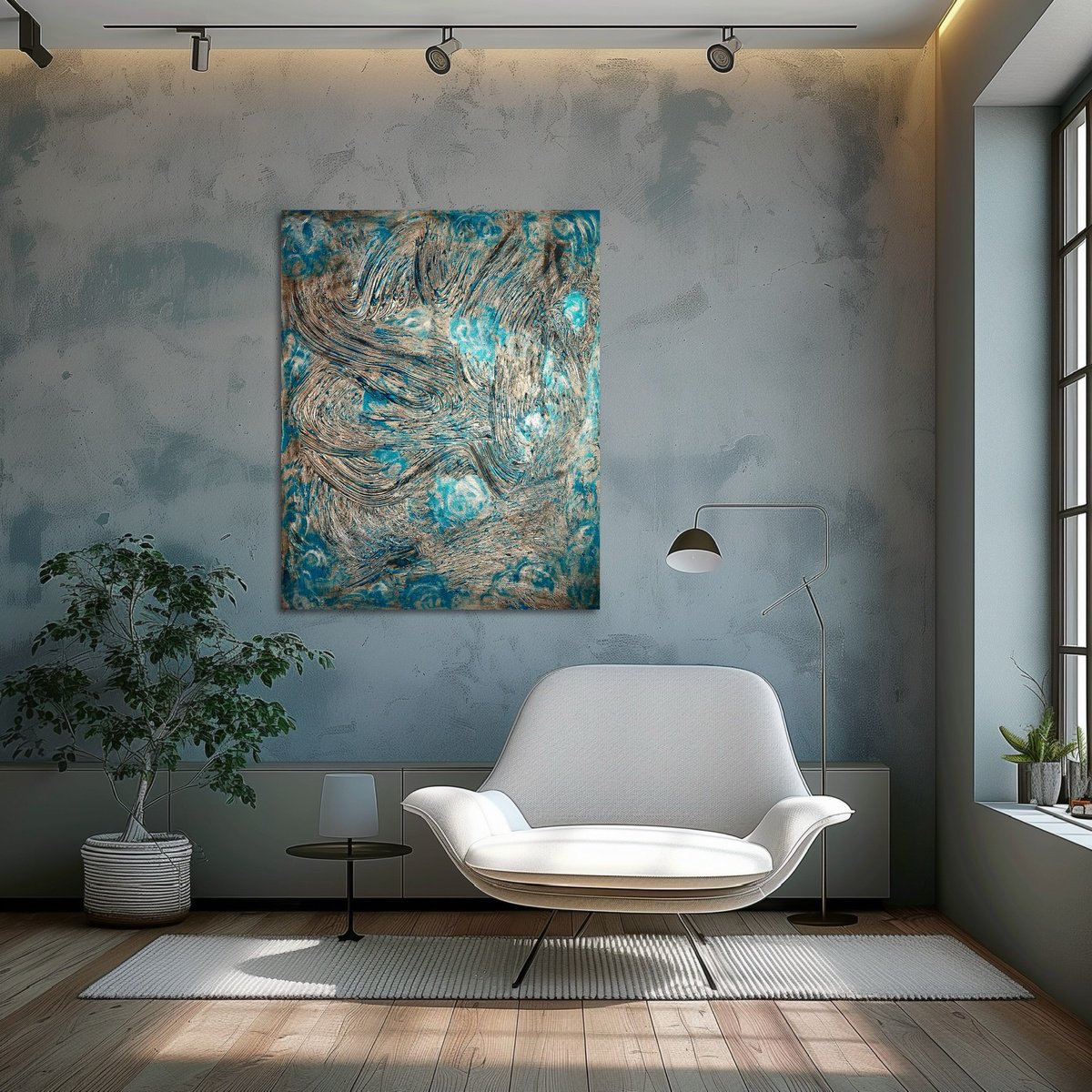 Abstract Acrylic Painting By Exclusive Arts, 31 X 39, «Deep Im Ozean» Azure Blue, Original Artwork