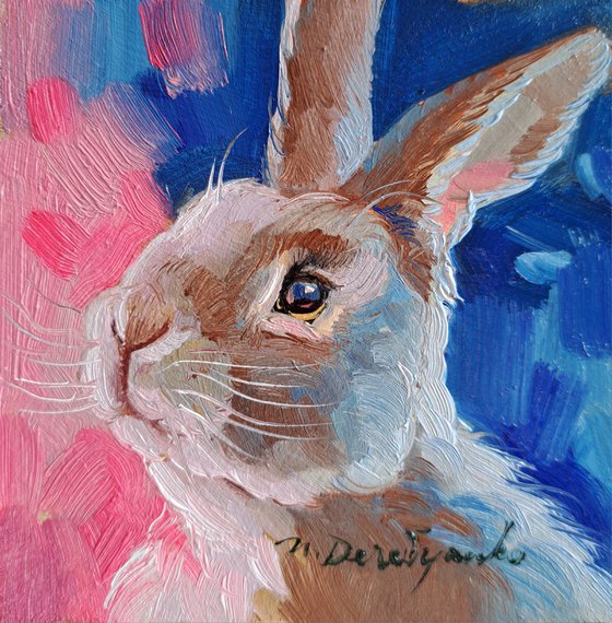 Bunny painting original oil framed 4x4, Small animal art rabbit artwork
