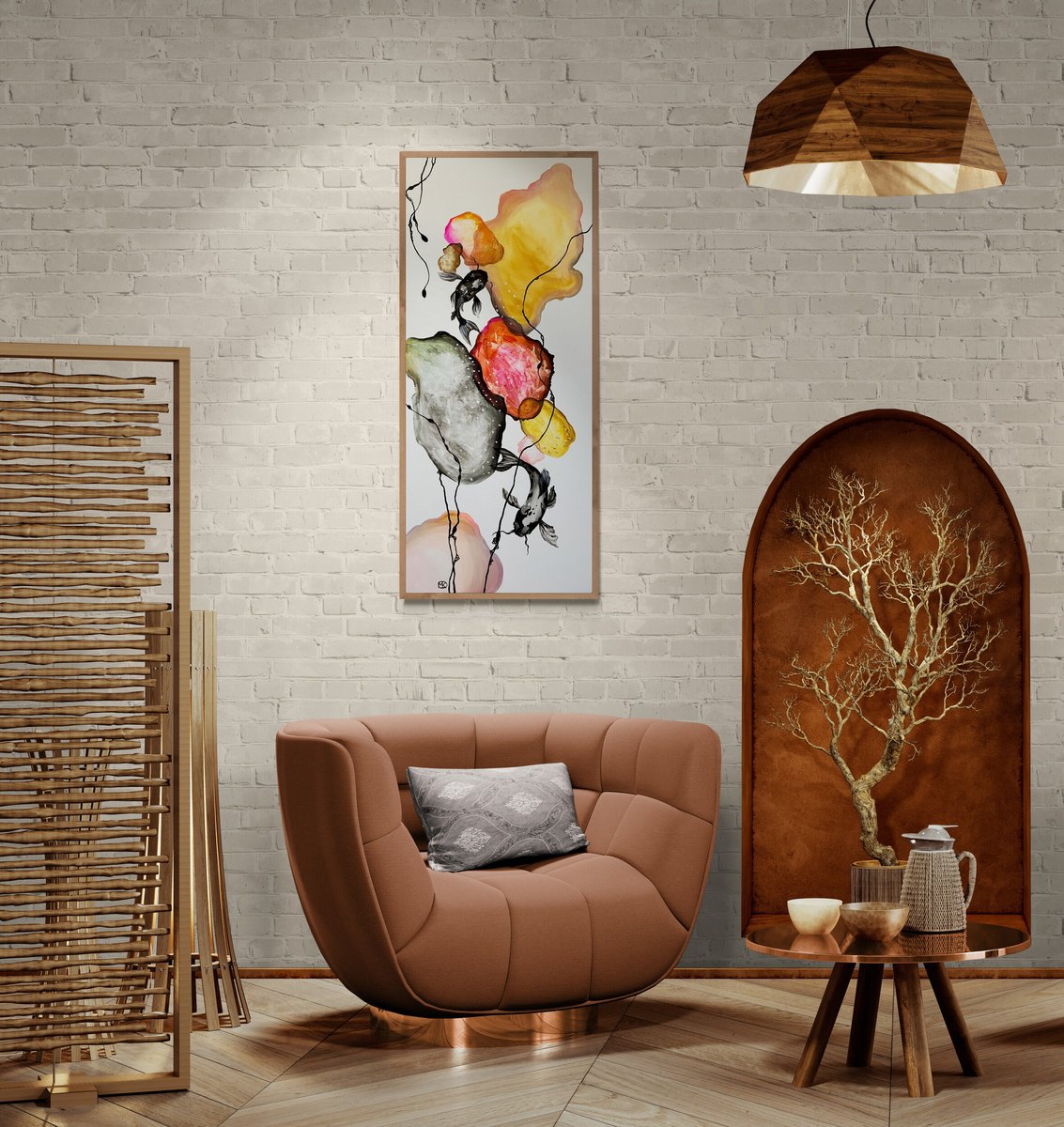 Impressionistic Animal Acrylic Painting By Maria Kireev, 24 X 55", Koi Fish In Pink Bubbles #2, Original Artwork