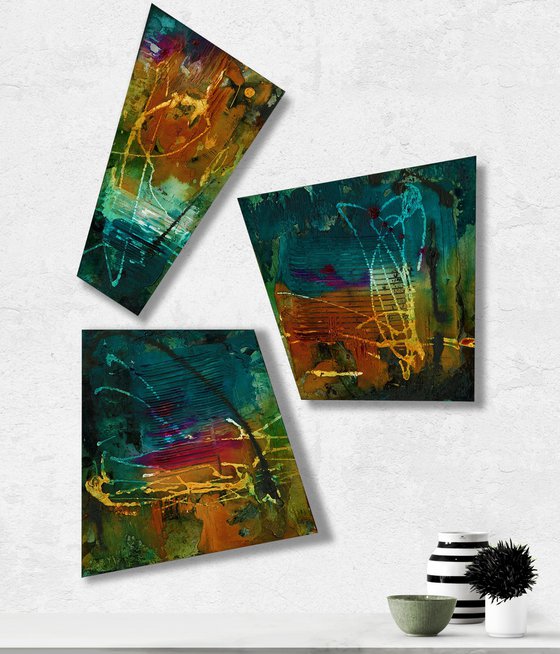 Hidden Voices Set 3  - 3 Uniquely Shaped Abstract Paintings  by Kathy Morton Stanion
