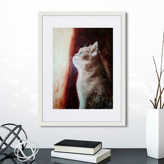 By the window, Cat Oil Painting Original Art Сute Kitten Wall Art Kitty Artwork