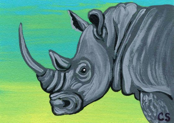 ACEO ATC Original Miniature Painting Rhinoceros Wildlife  Art-Carla Smale