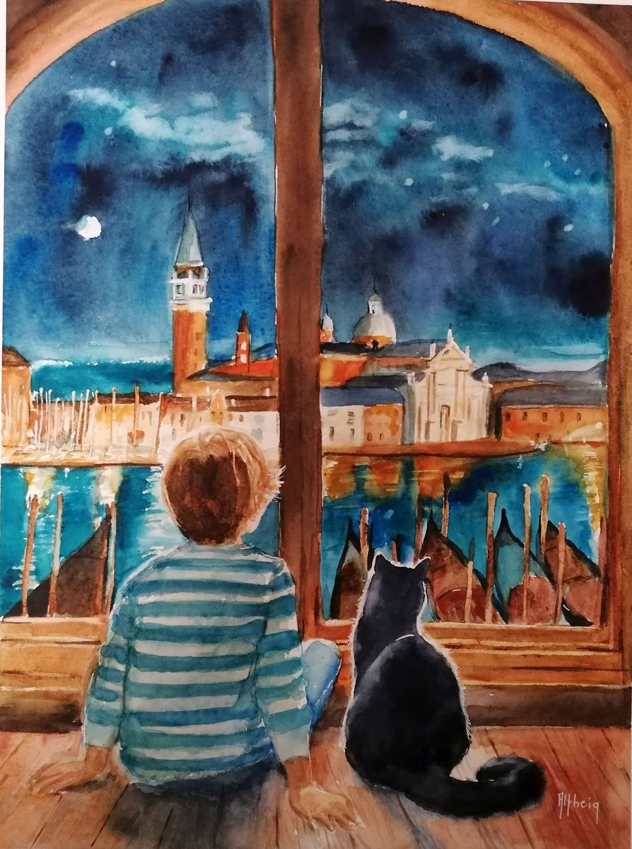 Impressionistic Portrait Watercolour By Martine Vinsot, 11 X 15", View Of Venice, Original Artwork