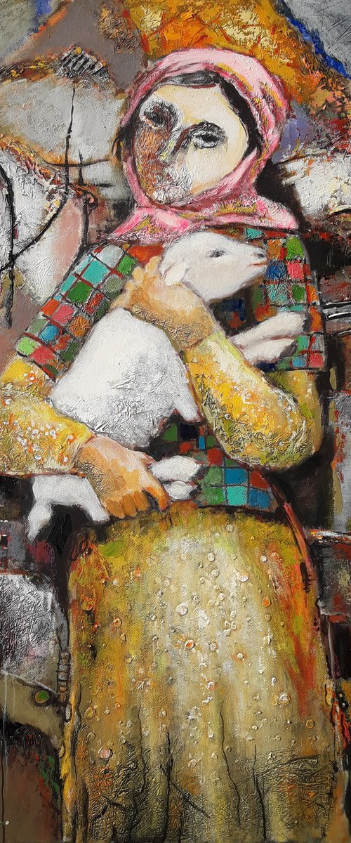 With lamb, 60x80cm, oil/canvas ready to hang by Sergey Xachatryan