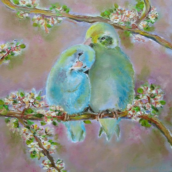 What do you know about love?!Bird Original Parrots Pets in Love Romantic Impressionism Forest life Violet and Blue Oil Painting Small 12x12 in. (30x30 cm)