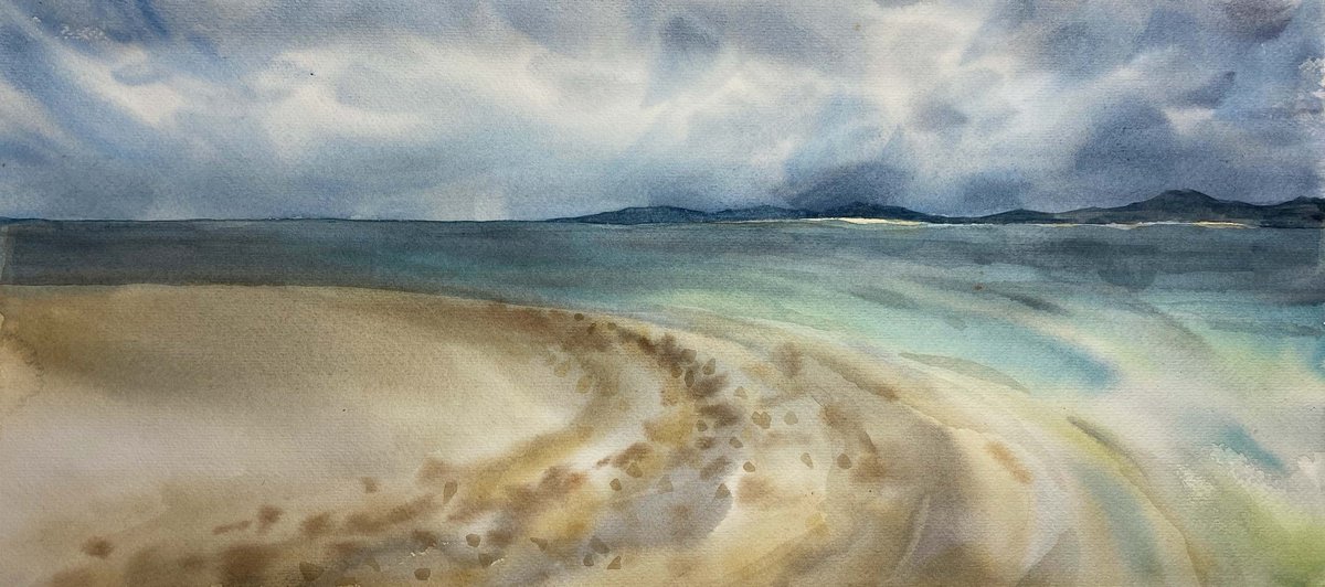 Impressionistic Landscape Watercolour By Galina Poloz, 22 X 10, Wild Beach., Original Artwork