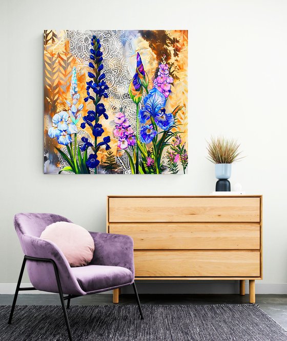 Delphiniums and irises