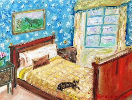 "Cat Lying on Bed" Interior Painting Original Van Gogh Style Oil on Canvas Artwork 7x10"