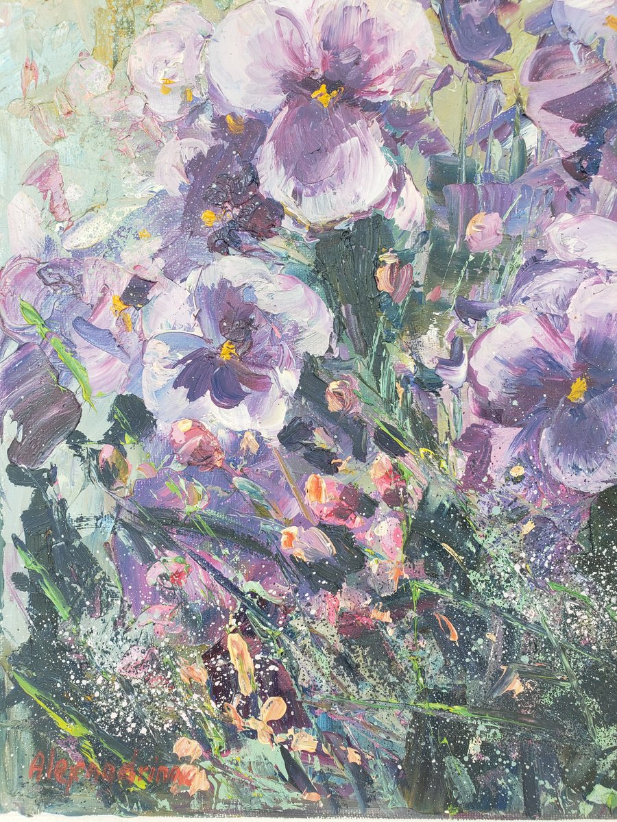 Impressionistic Botanical Oil Painting By Irina Alexandrina, 11 X 14, Viola, Original Artwork