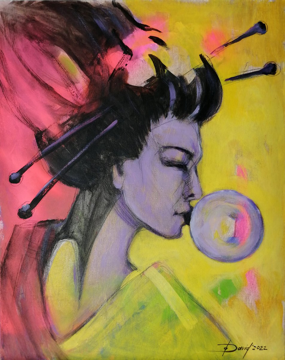 Urban And Pop Portrait Painting By Olga David, 16 X 20", We Love Bubble Gum - Geisha, Original Artwork