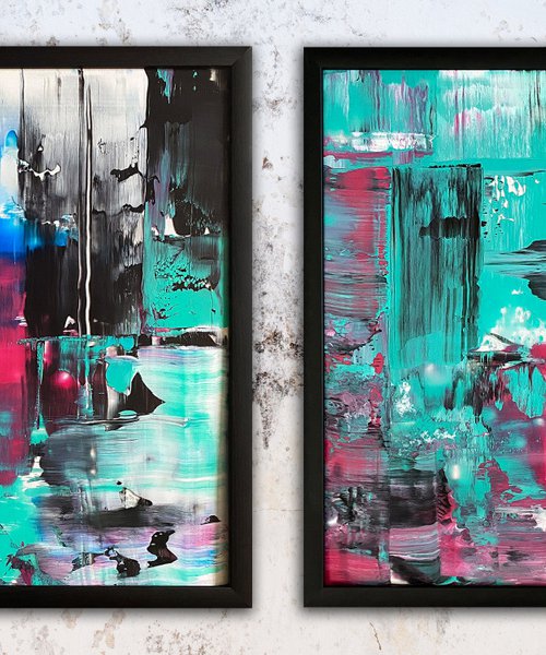 "Swipe Left" - Save As A Series - Original PMS Abstract Diptych Acrylic Paintings On Plexiglass, Framed - 52" x 26" by Preston M. Smith (PMS)