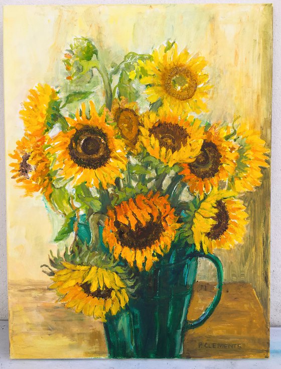 Sunflowers with green vase