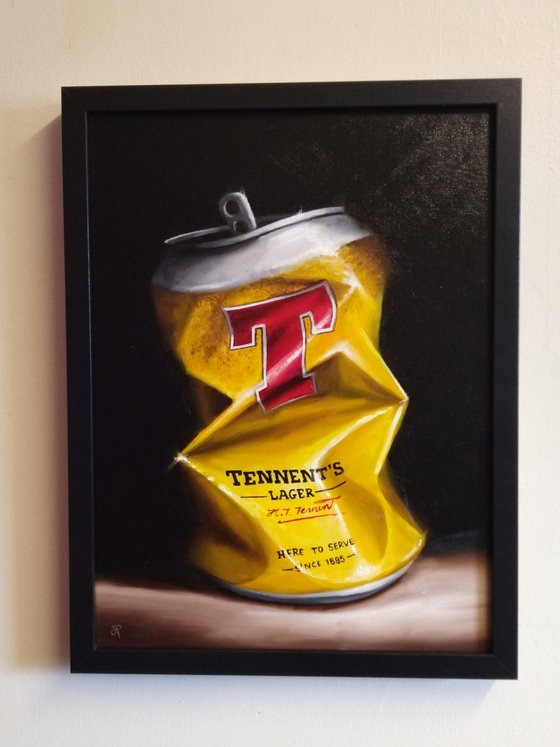 Crushed Tennents Lager still life