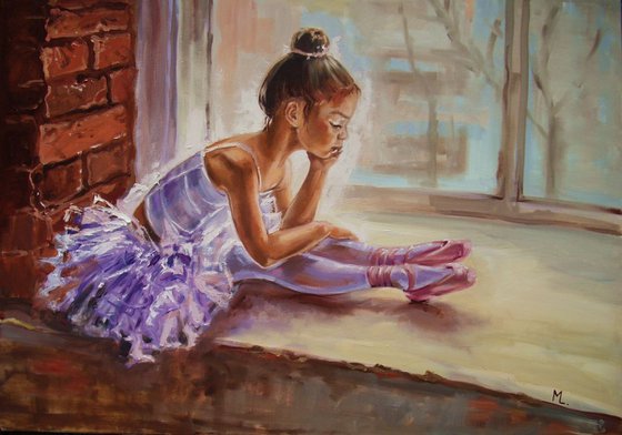 100x 70cm " LITTLE THINKER ... "- ballerina WINDOW light  ORIGINAL OIL PAINTING, GIFT, large format big size