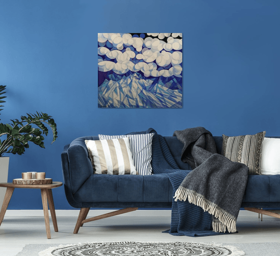 Winter evening (90x80cm, cubism, oil painting, ready to hang)