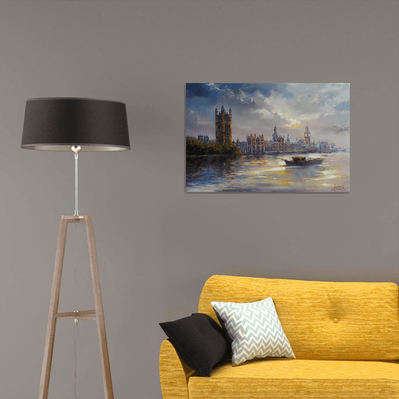 London Evening -  Thames, Palace of Westminster, large original oil painting