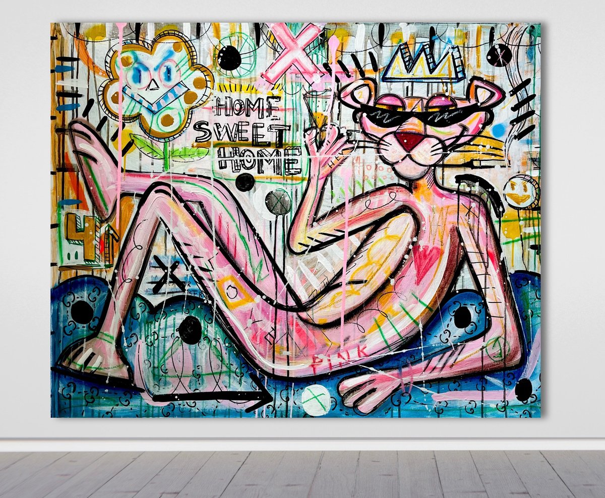 Urban And Pop Animal Acrylic Painting By Mercedes Lagunas, 39 X 31", Home Pink Home, Original Artwork