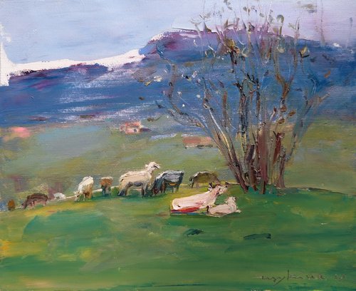 In the mountains in spring . Cows and sheep . Original oil painting by Helen Shukina