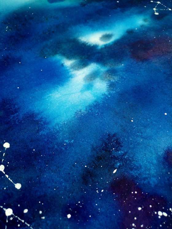 "Depth of Space" abstract dark blue watercolour with white dots constellations