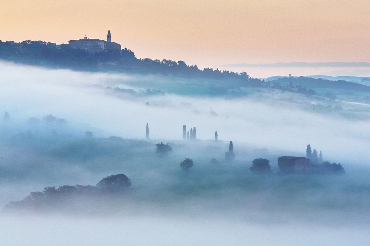 Photorealistic Landscape Photograph By Peter Zelei, 39 X 28", Foggy Morning In Tuscany, Original Artwork